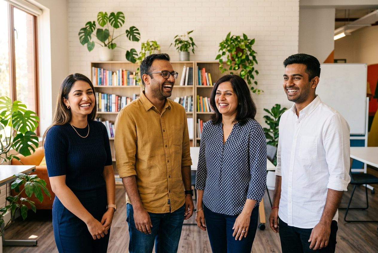 Four English trainers standing together in a bright learning space