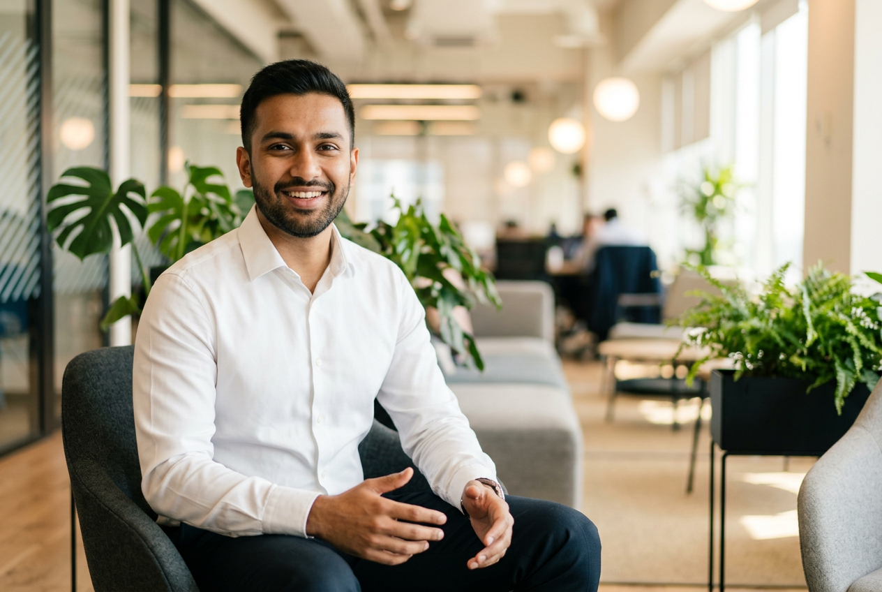 A man at a desk in a bright office