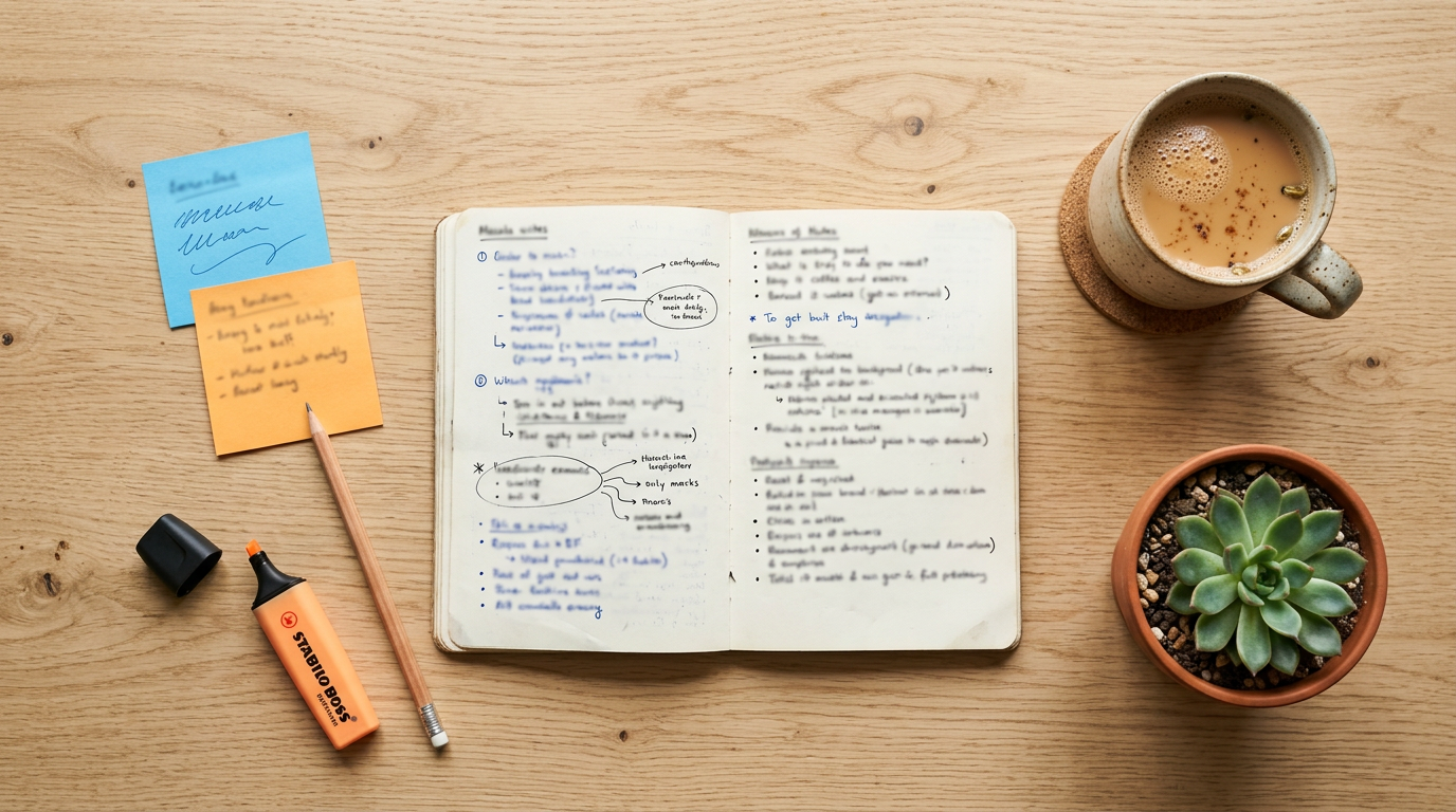 English study notes on a desk with a cup of coffee