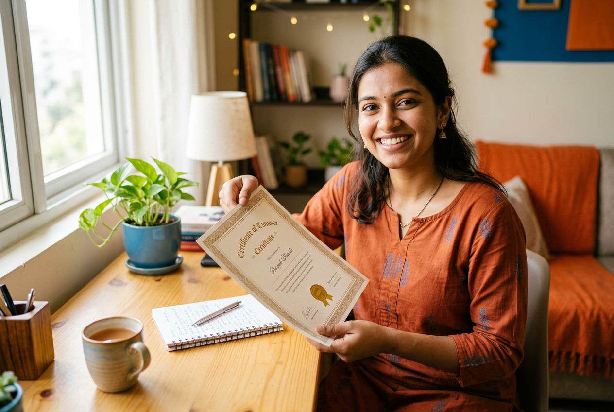 Smiling learner holding her course certificate