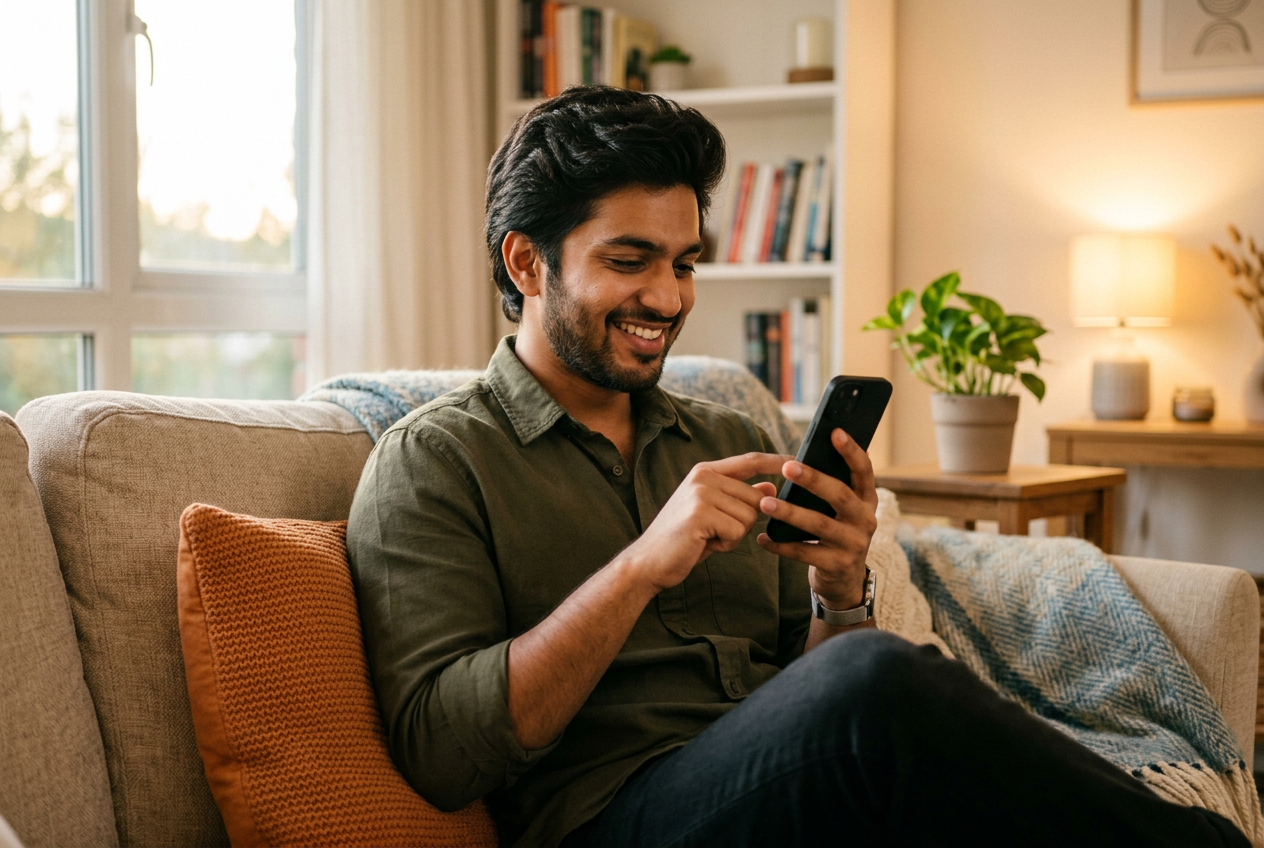 Learner joining an online lesson from his sofa