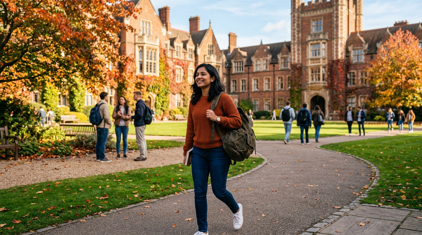 Student walking through a university campus in autumn