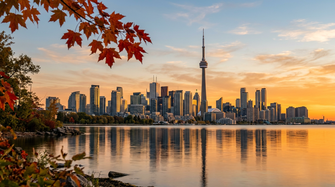Toronto skyline and CN Tower beside the water at sunset