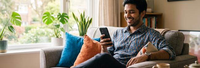 Learner practising English on his phone at home