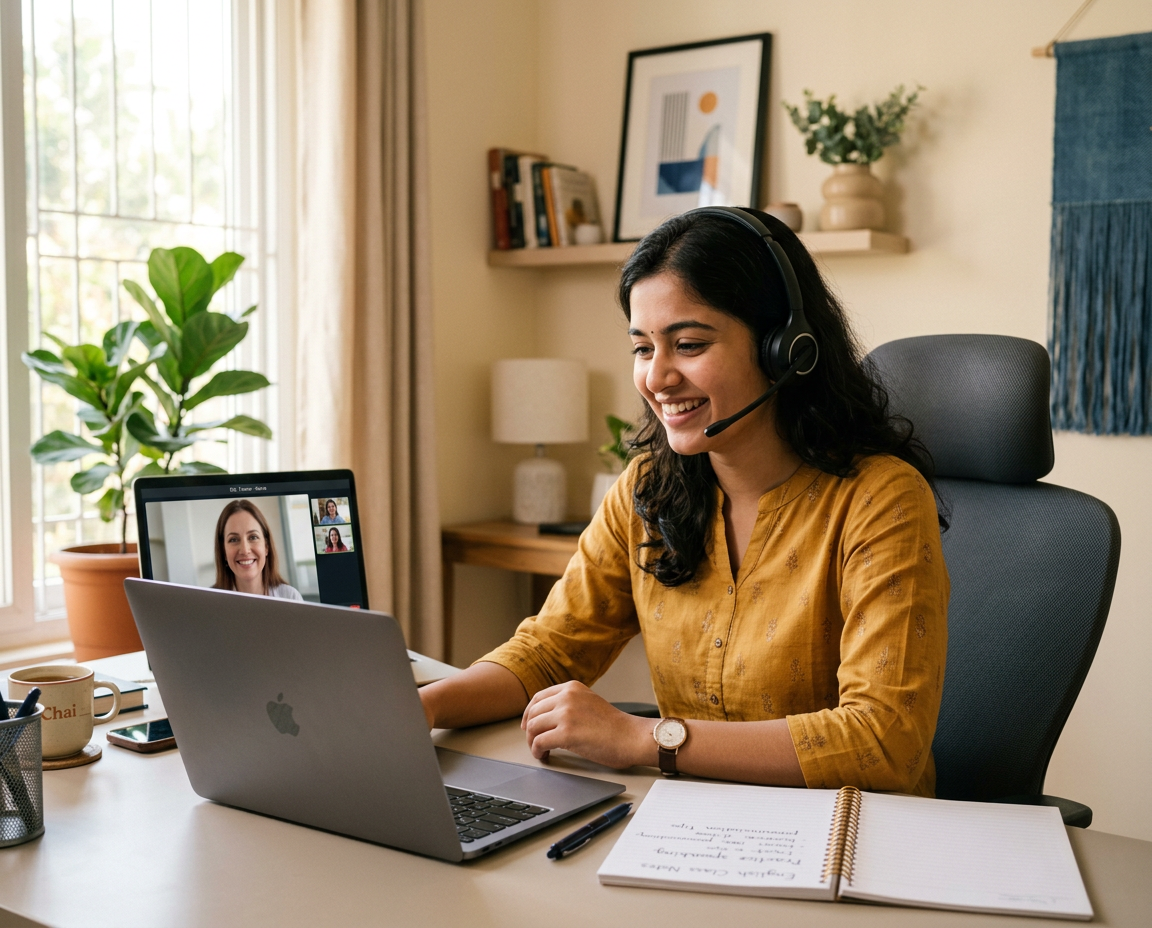 English learner on a video call with her trainer