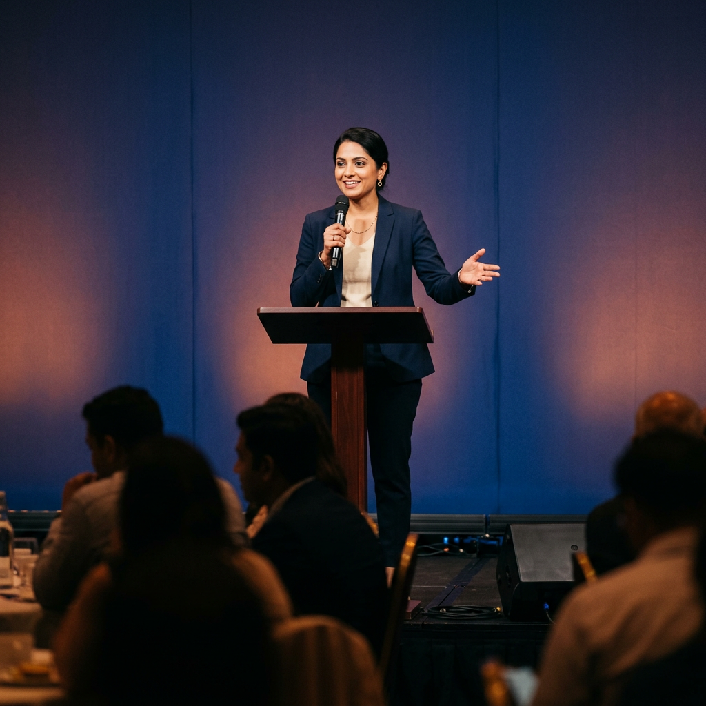 Confident speaker delivering a presentation