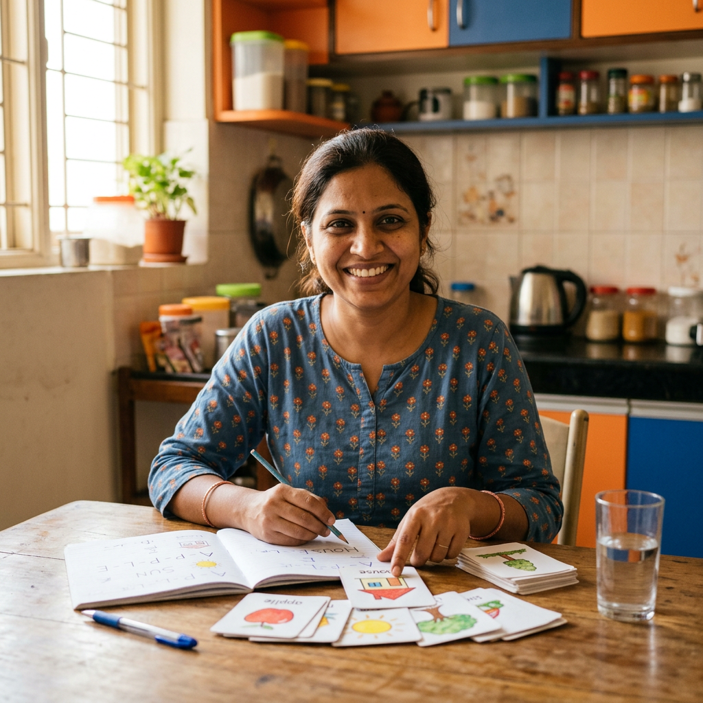 Learner practising English at her kitchen table